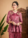 Women Pink Velvet Embroidered Peplum Top