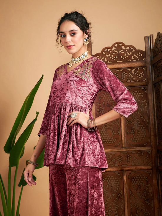 Women Pink Velvet Embroidered Peplum Top