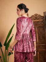 Women Pink Velvet Embroidered Peplum Top