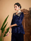 Women Navy Blue Velvet Embroidered Peplum Top