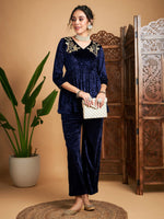 Women Navy Blue Velvet Embroidered Peplum Top