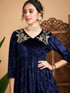 Women Navy Blue Velvet Embroidered Peplum Top