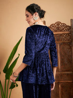 Women Navy Blue Velvet Embroidered Peplum Top