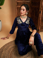 Women Navy Blue Velvet Embroidered Peplum Top