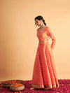 Women Orange Floral Anarkali Pocket Skirt With Crop Top