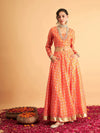 Women Orange Floral Anarkali Pocket Skirt With Crop Top