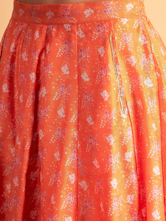 Women Orange Floral Anarkali Pocket Skirt With Crop Top