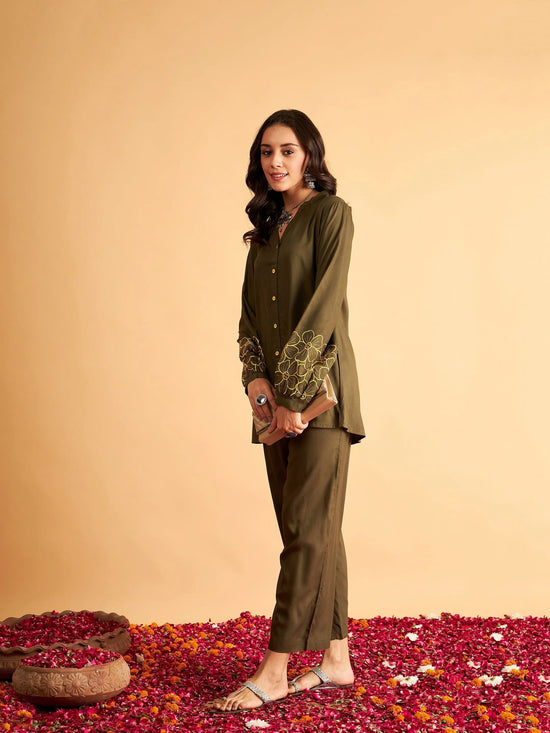 Women Olive Rayon Full Sleeves Embroidered Shirt