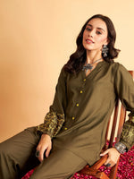 Women Olive Rayon Full Sleeves Embroidered Shirt