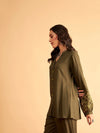 Women Olive Rayon Full Sleeves Embroidered Shirt