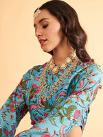 Women Blue Floral Anarkali Side Tussle Skirt With Crop Top