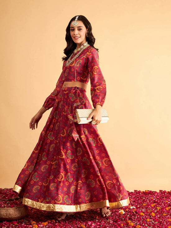 Women Fuchsia Floral Anarkali Side Tussle Skirt With Crop Top