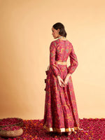 Women Fuchsia Floral Anarkali Side Tussle Skirt With Crop Top