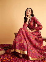 Women Fuchsia Floral Anarkali Side Tussle Skirt With Crop Top