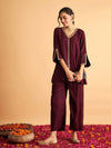 Women Burgundy Embroidered A Line Top With Straight Pants