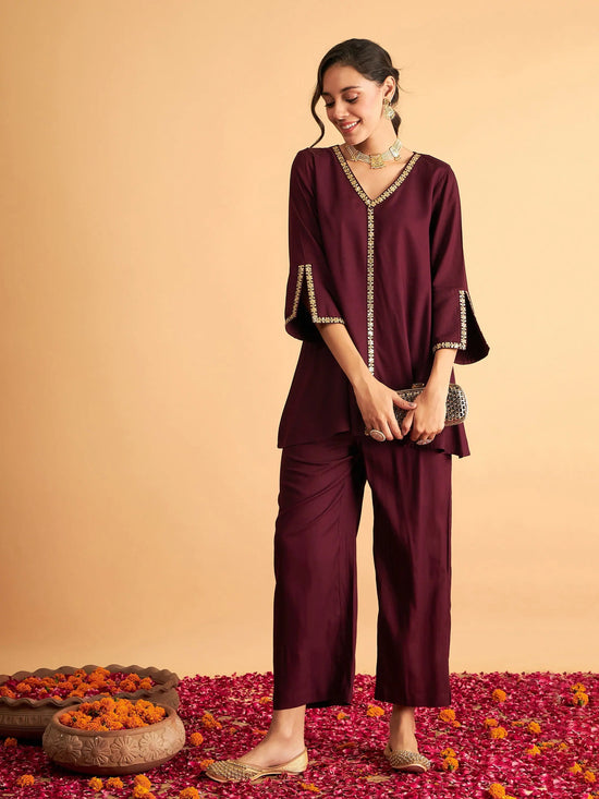 Women Burgundy Embroidered A Line Top With Straight Pants