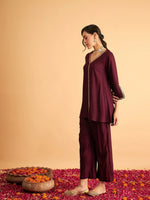 Women Burgundy Embroidered A Line Top With Straight Pants