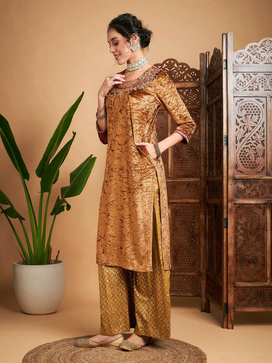 Women Mustard Velvet Embroidered Kurta With Foil Palazzos