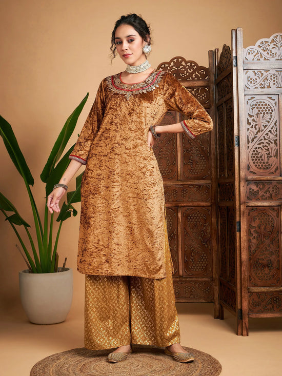 Women Mustard Velvet Embroidered Kurta With Foil Palazzos