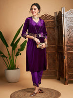 Women Purple Zari Velvet Straight Kurta Set With Waistcoat