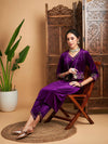 Women Purple Zari Velvet Straight Kurta Set With Waistcoat