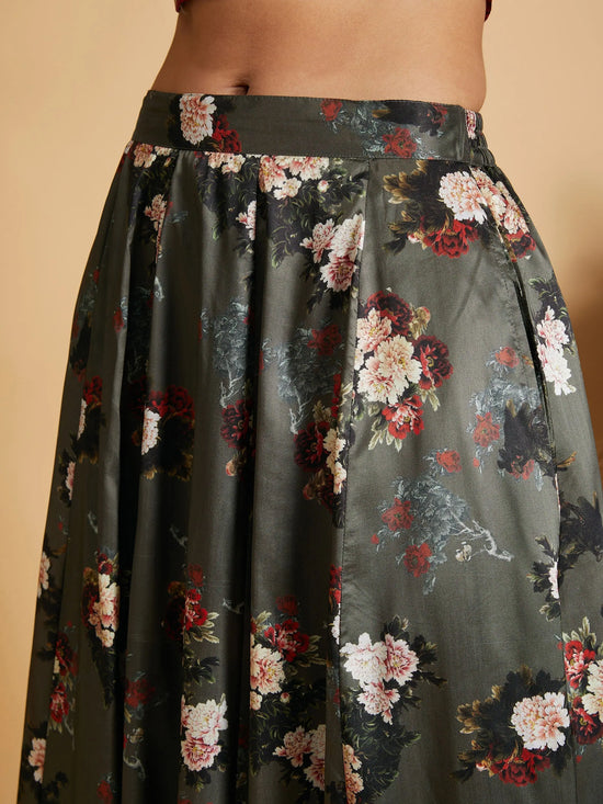 Women Olive Floral Skirt With Maroon Velvet Full Sleeves Crop Top