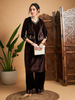 Women Brown Zari Velvet Straight Kurta Set With Waistcoat-SHSET95678XS