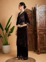 Women Brown Zari Velvet Straight Kurta Set With Waistcoat-SHSET95678XS