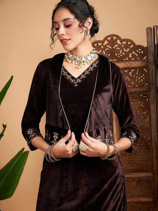 Women Brown Zari Velvet Straight Kurta Set With Waistcoat-SHSET95678XS