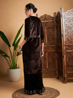 Women Brown Zari Velvet Straight Kurta Set With Waistcoat-SHSET95678XS