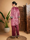 Women Pink Velvet Embroidered Short Kurta With Pants