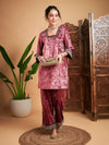 Women Pink Velvet Embroidered Short Kurta With Pants