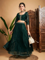 Women Emerald Embroidered Anarkali Skirt With Crop Top