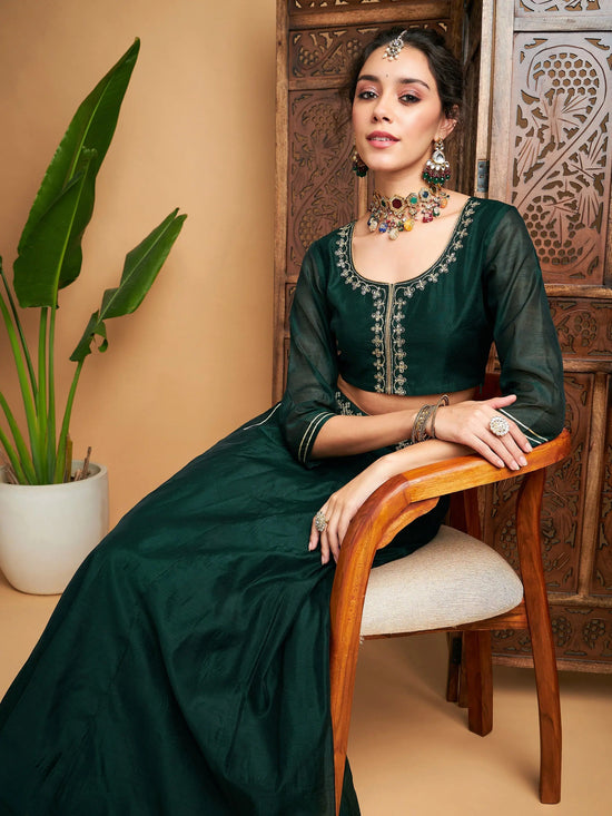 Women Emerald Embroidered Anarkali Skirt With Crop Top