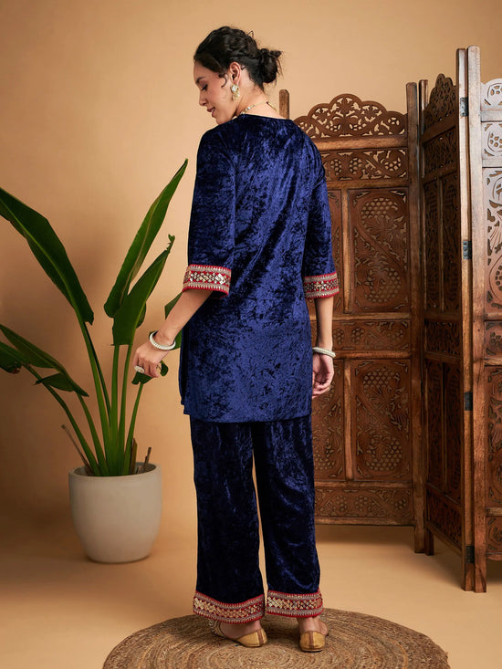 Women Navy Velvet Embroidered Short Kurta With Pants