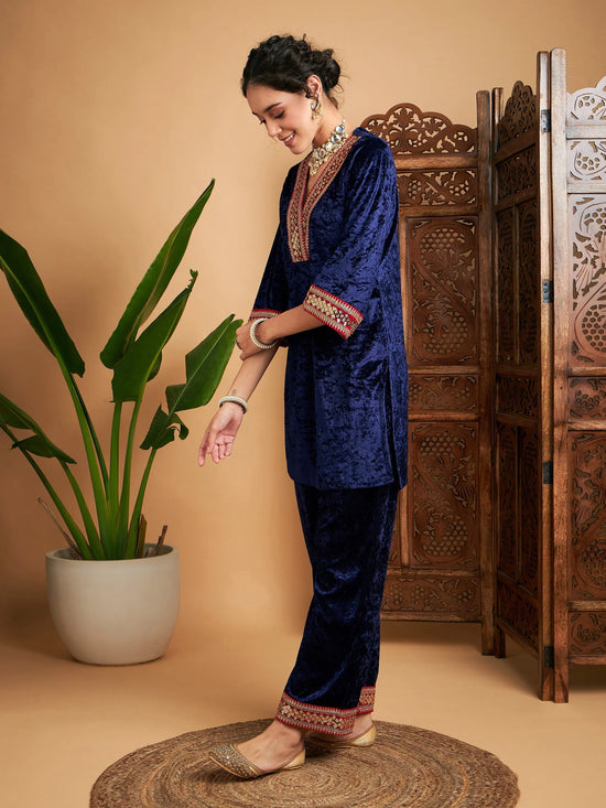 Women Navy Velvet Embroidered Short Kurta With Pants