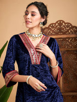 Women Navy Velvet Embroidered Short Kurta With Pants