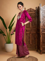 Women Fuchsia Velvet Sequin Kurta With Foil Palazzos