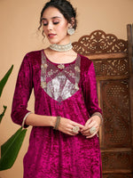 Women Fuchsia Velvet Sequin Kurta With Foil Palazzos