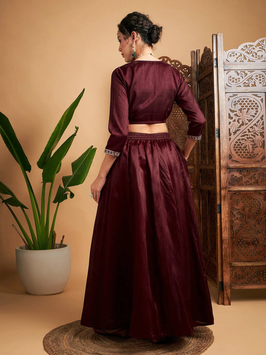 Women Maroon Embroidered Anarkali Skirt With Crop Top