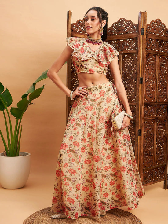 Women Beige Floral Anarkali Skirt With Frill Crop Top