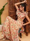 Women Beige Floral Anarkali Skirt With Frill Crop Top