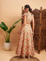 Women Beige Floral Anarkali Skirt With Frill Crop Top