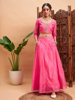 Women Pink Embroidered Anarkali Skirt With Crop Top