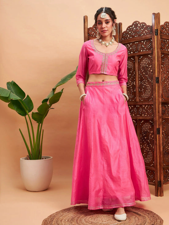 Women Pink Embroidered Anarkali Skirt With Crop Top