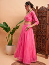 Women Pink Embroidered Anarkali Skirt With Crop Top