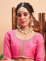 Women Pink Embroidered Anarkali Skirt With Crop Top