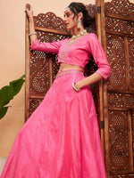 Women Pink Embroidered Anarkali Skirt With Crop Top