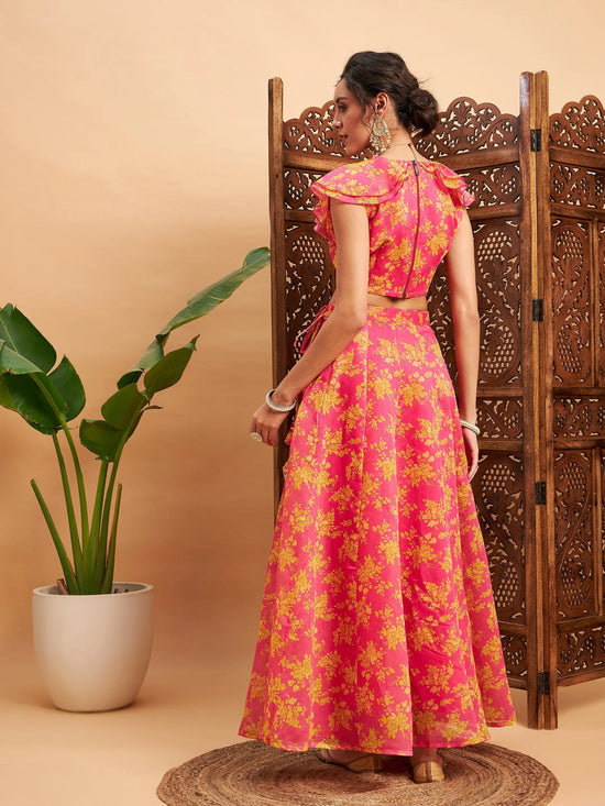 Women Fuchsia Floral Anarkali Skirt With Frill Crop Top