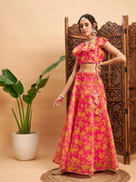 Women Fuchsia Floral Anarkali Skirt With Frill Crop Top